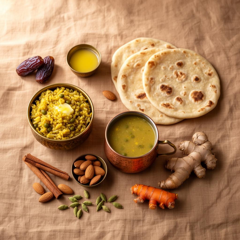 Traditional Ayurvedic foods — kitchari, ghee, dal, chapati, dates and warming spices