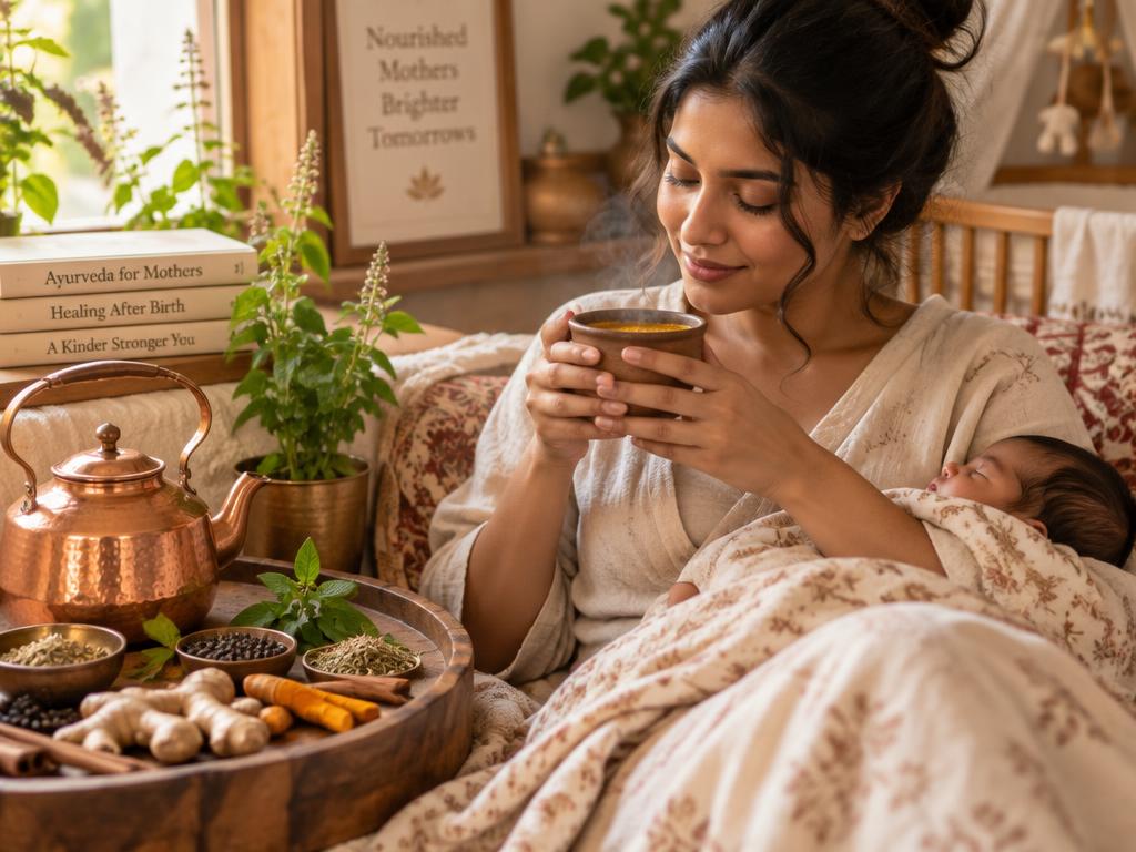 A new mother drinks a warming Ayurvedic herbal decoction during her gentle recovery