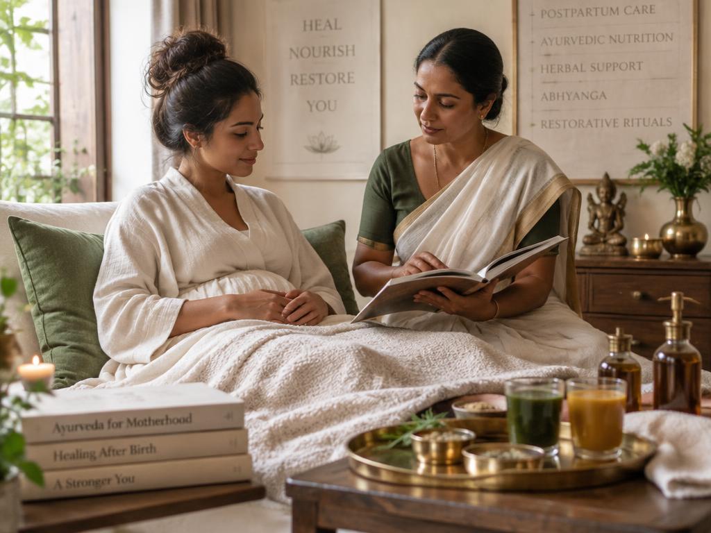 An Ayurvedic practitioner guides a new mother through restorative rituals and personalized postpartum care